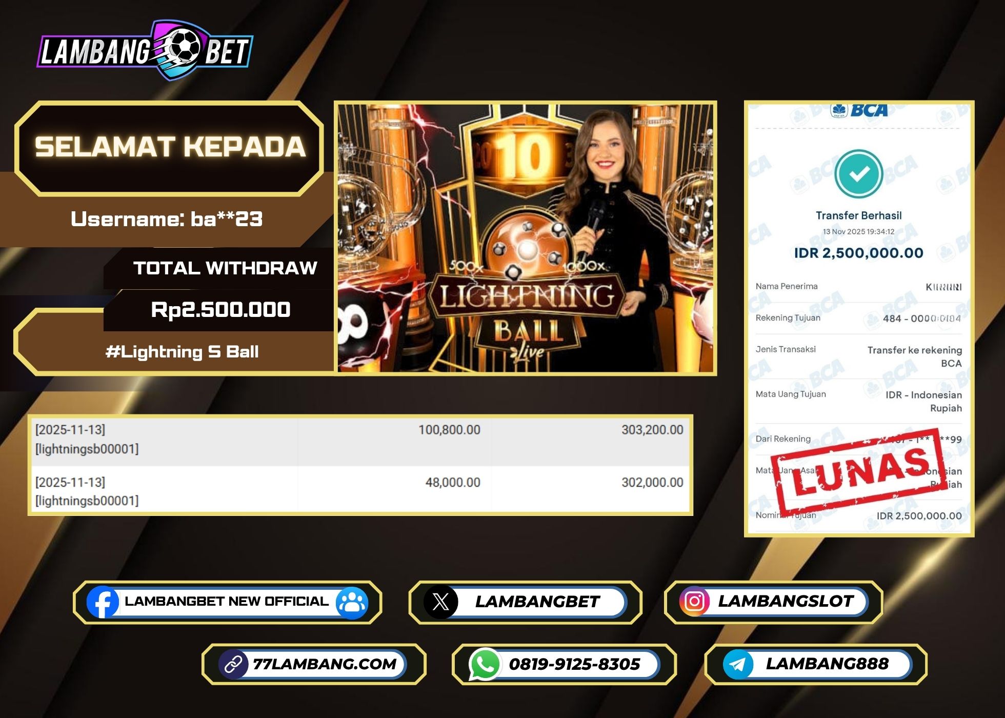 LAMBANGBET [14 NOVEMBER 2025] JACKPOT LIVE CASINO Lightning S Ball "Rp2.500.000" LUNAS